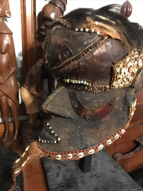 Vintage African Royal Kuba Tribal Helmet Mask,Cowrie Shells,Wood,Congo,Zaire