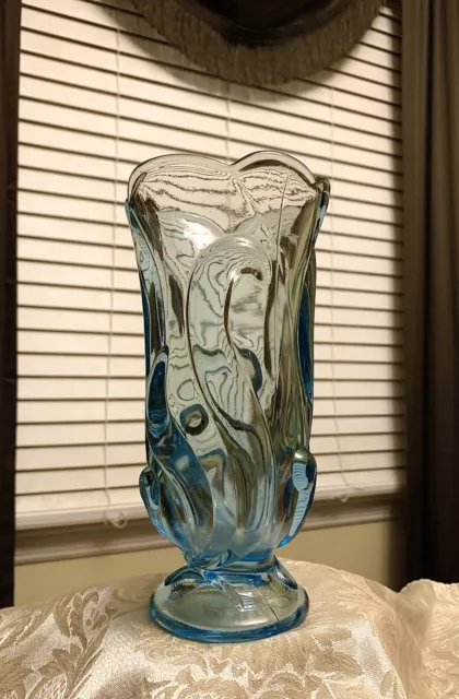 Beautiful Light Blue Clear Glass Pedestal Embossed Vase