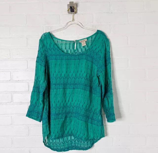 Lucky Brand Tunic Top Teal Green Embroidered Sheer Scoop Neck Boho Med