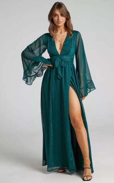 Showpo DANGEROUS WOMAN MAXI DRESS - PLUNGE THIGH SPLIT DRESS IN EMERALD