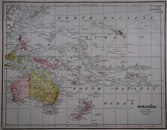 Old Antique 1891 Cram's Atlas Map ~ AUSTRALIA - OCEANICA - HAWAII ~ Free S&H
