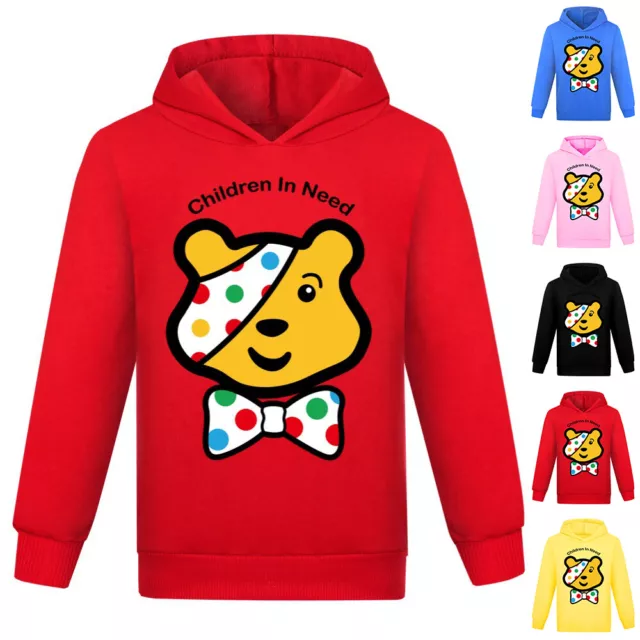 Kids Pudsey Bear Children in Need Dotted Hoodie Jumper Hooded Sweatshirt Tops UK 2