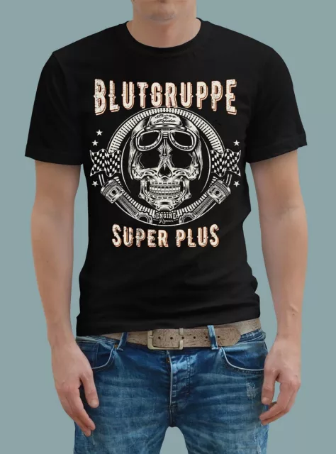 Blutgruppe Super Plus T-Shirt Herren Rockabilly Totenkopf Motorrad Biker Skull