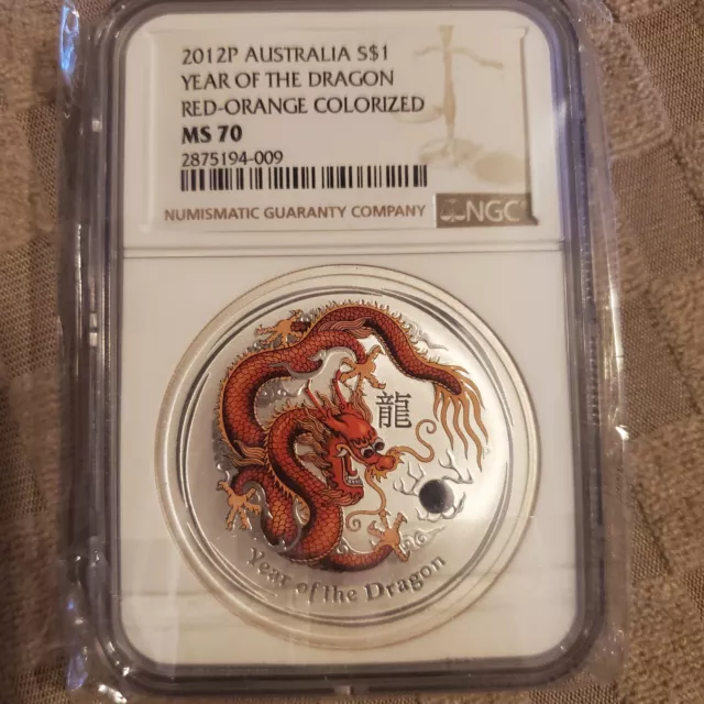 2012 AUSTRALIA SILVER COLORIZED Red & Orange DRAGON NGC MS 70