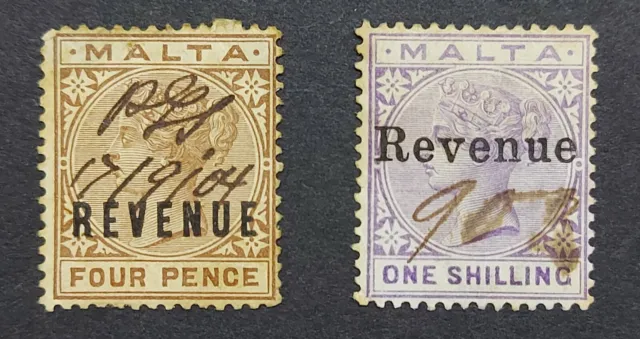 1899 Malta, QV 4d brown &  1s Violet with Revenue Overprint, Used - SG 27-8.