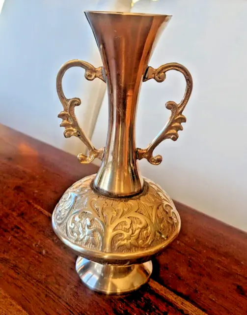 Ornate two Handle Solid Brass Vase Pot Raised Relief Swirl Pattern