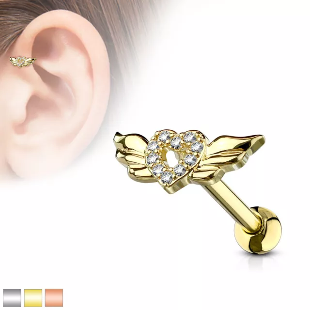 1pc CZ Gem Paved Heart w/ Wings Tragus Helix Cartilage Barbell Ring 16g 1/4"