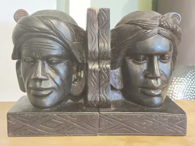 Hand-Carved Wooden Pair of Sculptured Tribal Face Primitive Art Bookends