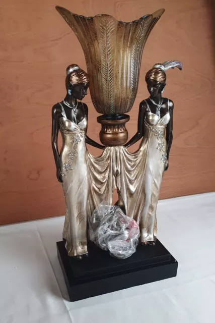 Tischleuchte Vintage Tischlampe Frauenfigur Fäscherschirm E14 Art Deco