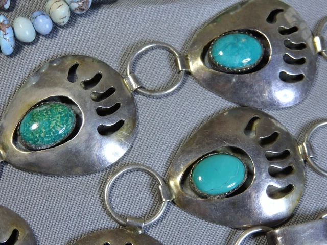 Vintage BEAR PAW 38" 210g Concho Belt FOX Mine TURQUOISE Solid STERLING Silver