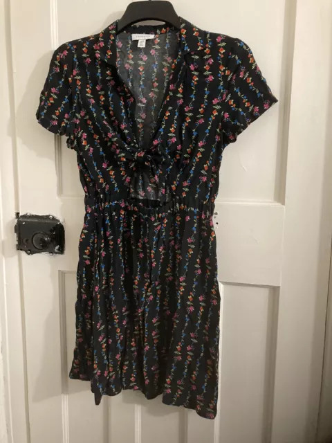 Topshop black & multicoloured floral short sleeve tie front & cut out dress 10