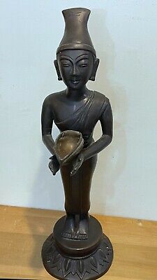 Old Solid Bronze 21" Southeast Asia Statue - Standing Buddhist Figure Oil Lamp
