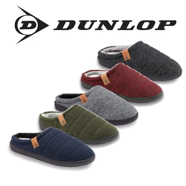 Dunlop Men's Slip On Mule Slippers – Felt Upper, Fur Lined, Memory Foam