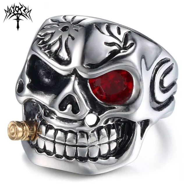 New Goth Mens Biker Punk CZ Smoking Skull Ring Stainless Steel Size 7-15 Gift