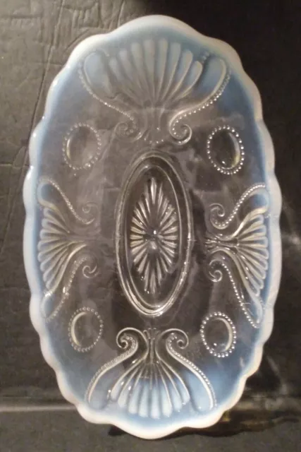 Antique EAPG Jefferson Glass Jewel & Fan White Opalescent Oval Candy Dish Bowl