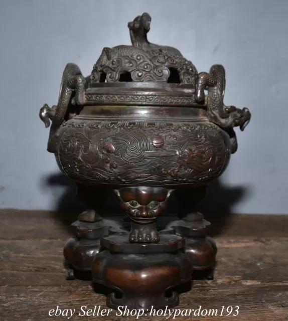 9.2" Old Chinese Bronze Dynasty Dragon incense burner Censer Statue