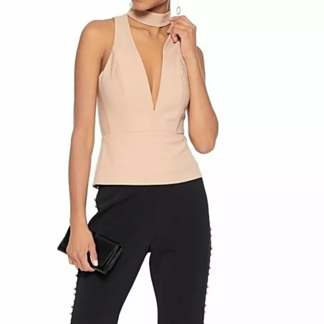 MICHELLE MASON Peach Crepe Peplum Sleeveless Top 6 Halter Back Zipper Blouse