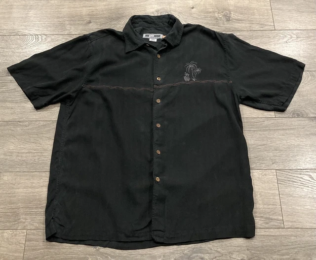 Quick Silver Edition Large Mens Shirt Black Short Sleeve Palm Tree Hula Dancer