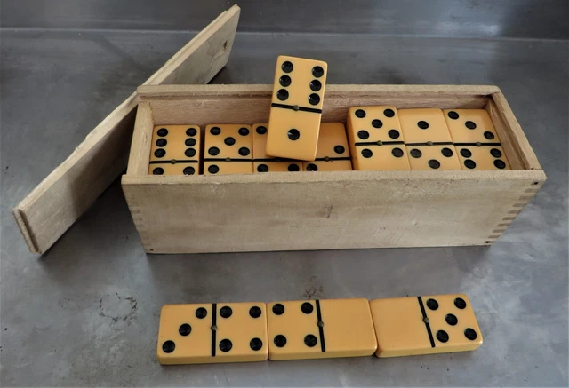 Ancien Jeu De Dominos – Boîte En Bois, 28 Dominos En Os, Vintage