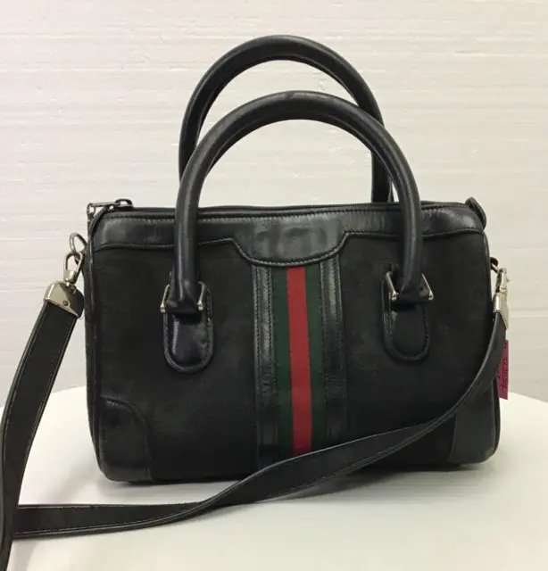 Gucci Women Bag, Authentic Vintage Signature Black Genuine Leather Bag Purse