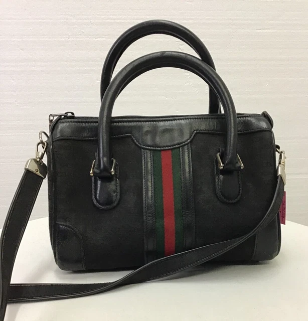 Gucci Women Bag, Authentic Vintage Signature Black Genuine Leather Bag Purse Gucci Women Bag, Authentic Vintage Signature Black Genuine Leather Bag Purse
