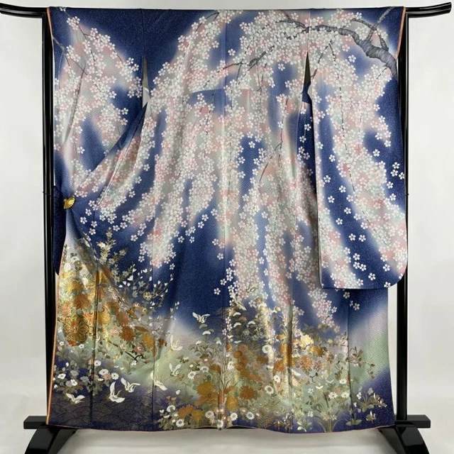 Woman Japanese Kimono Furisode Silk CherryBlossom Flower Cart Foil BluePurple