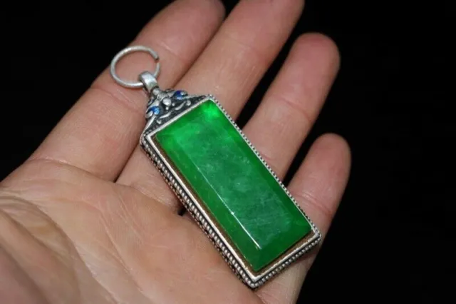 Exquisite Old Chinese tibet silver enamel inlay green Jade handmade Pendant 9036