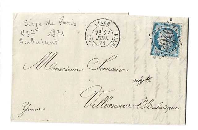 TIMBRE sur LETTRE 1871 SIEGE DE PARIS CERES 20c  Ambulant Lille Villeneuve Yonne