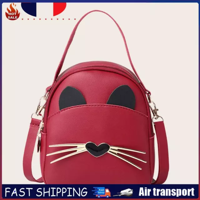 Women PU Leather Crossbody Messenger Bag Cute Cat Shoulder Backpack (Red) FR