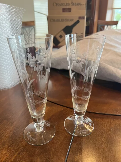 VINTAGE CRYSTAL Trumpet Flute Glasses Stemware Etched Sunflower Leaves set of 2
