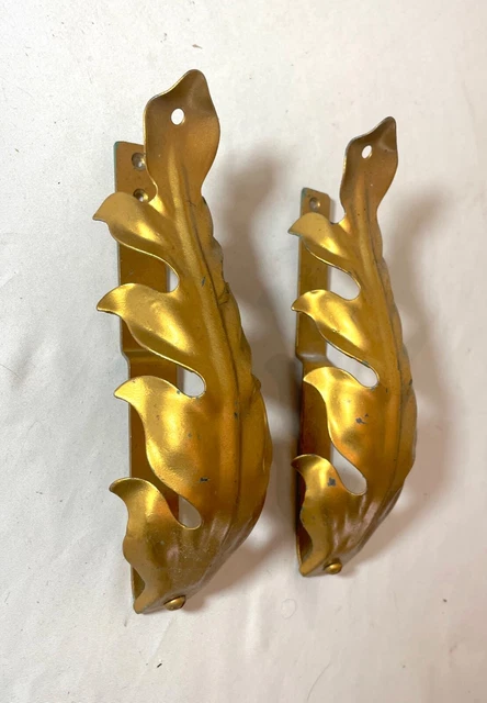 antique ornate gold gilded metal leaf style curtain rod holder tiebacks brackets