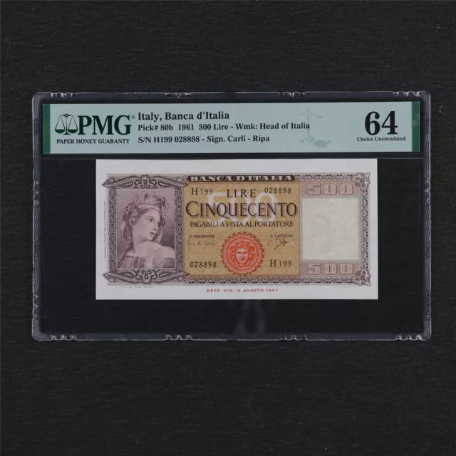 1961 Italy Banca d Italia 500 Lire Pick#80b PMG 64 Choice UNC