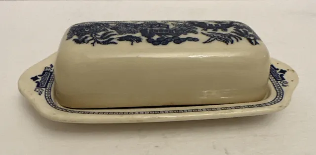 Royal China Willow Ware Covered Butter Dish Blue & White Vintage Trees Birds
