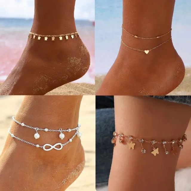 Boho Zircon Butterfly Tassel Anklet for Women Foot Gold Chain Beach Jewelry Gift