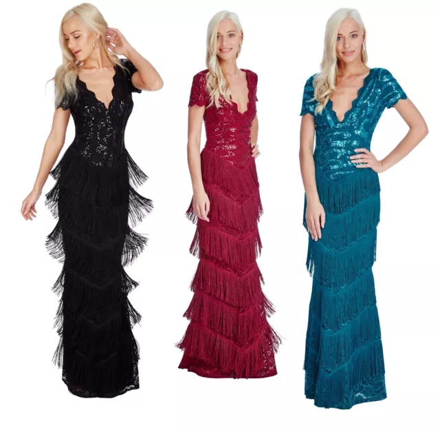 Goddiva Sequin Lace Flapper Fringe Long Formal Maxi Evening Dress Prom Ball