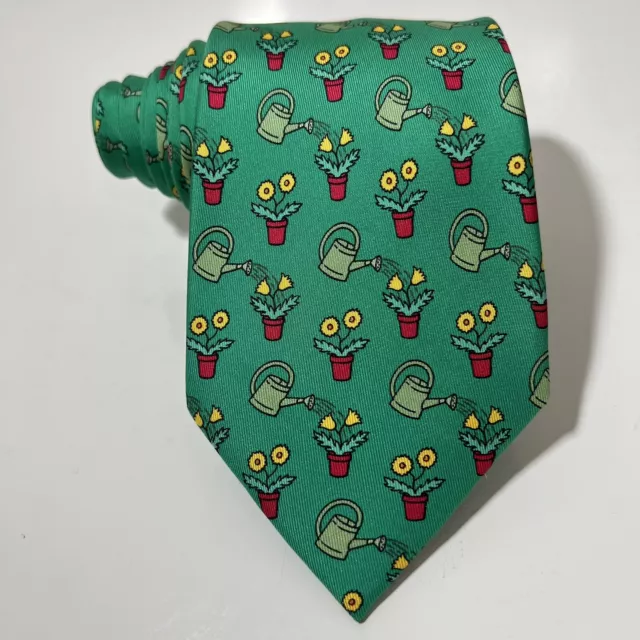Genuine Hermes 7484 IA Green Silk Tie w Potted Flowers, Watering Can 57x3.5”