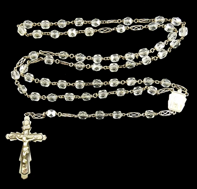 Vintage Art Deco Silver Rosary Clear Glass Beads