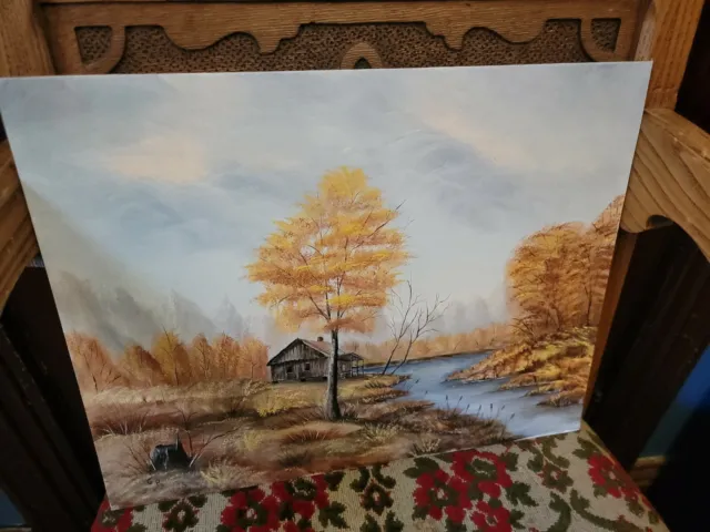 Original Oil Painting Canvas Cabin River Autumn Fall Leaves Changing Gr 85 Vtg