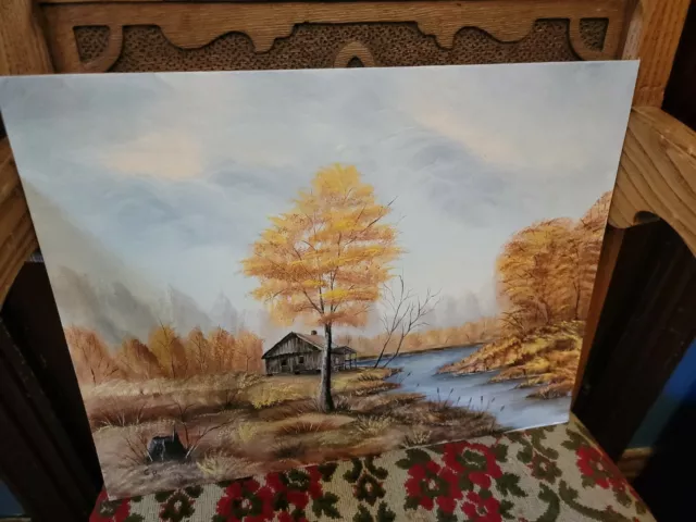 Original Oil Painting Canvas Cabin River Autumn Fall Leaves Changing Gr 85 Vtg