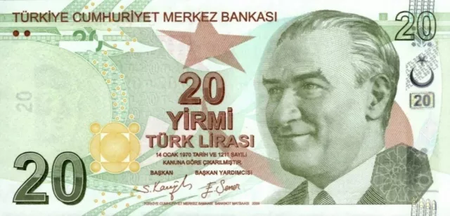 Turkey 20 Lira 2009 Circulated Banknotes. Twenty Turkish Lira Currency Bill