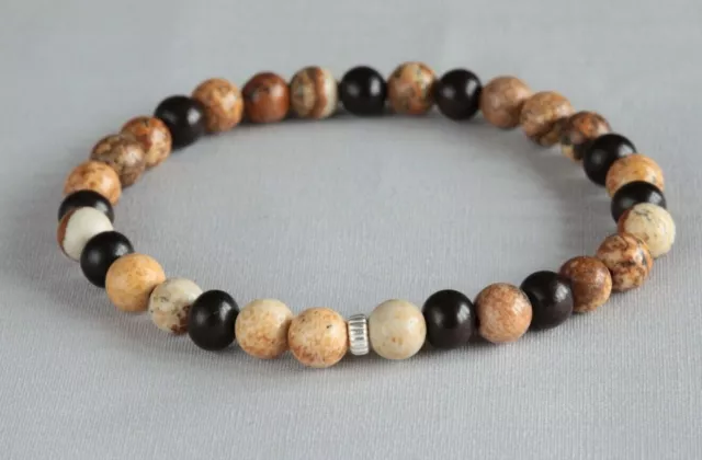 Picture Jasper & Tiger Ebony Wood 6Mm Rounds Bracelet 6.5" ~ 16.5Cm  ~ 925