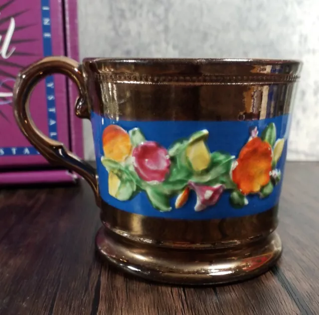 Antique Copper Lusterware Mug Cup English Blue Floral Hand Painted Relief 3"