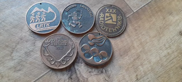 Job Lot Of 5 Big And Heavy Original Soviet Memorable Table Medals.   