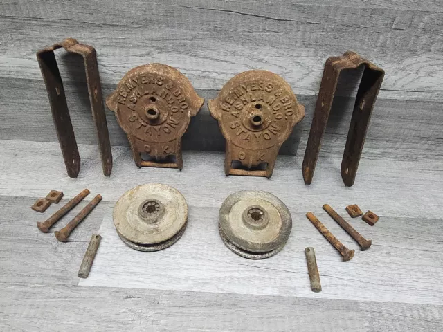 Pair Of Antique Myers Stay On Cast Iron Sliding Barn Door Rollers Salvage