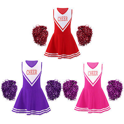 Girls Cheerleading Dance Uniform Dress with Pom Poms Cheer Leader Costume Outfit
