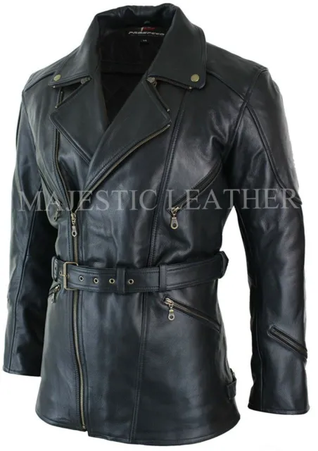 Mens Black 3/4 Motorcycle Biker Long Cow-Hide Leather Jacket/Coat