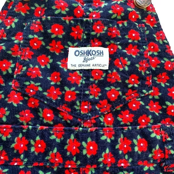 Vtg Oshkosh B'Gosh Vestbak Corduroy Floral 18 Mo Girl Overalls Bibs Navy Red 2