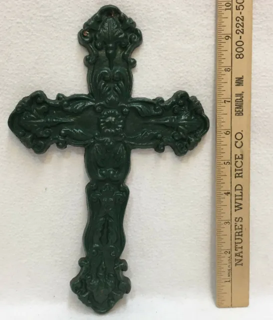 Cross Cast Iron Wall Hanging Green Metal Ornate Textured Distressed Rusted 10"