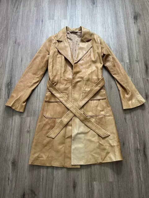 Vintage Trina Turk Mustard Tan Leather Trench Coat Duster Blazer Jacket