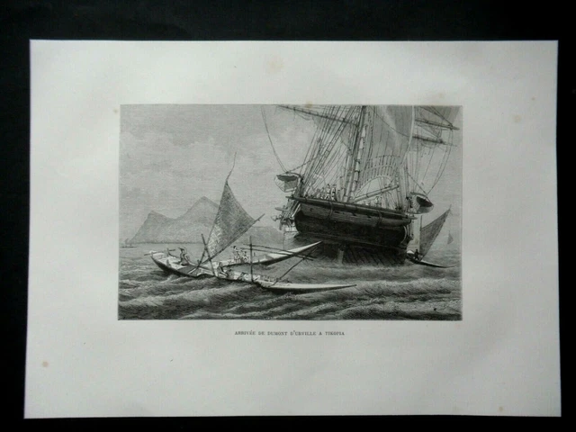 ANTIQUE ENGRAVING 19th century - ARRIVAL OF DUMONT D'URVILLE IN TIKOPIA